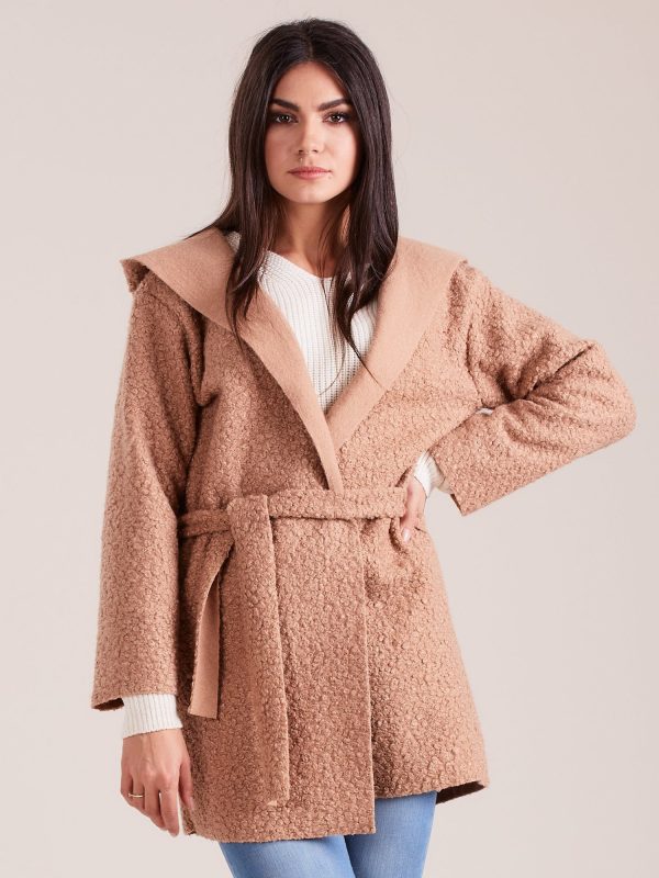 Wholesale Beige knitted coat with hood