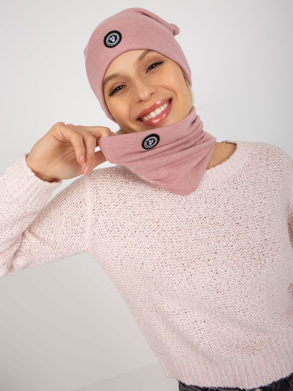 Wholesale Light Pink Two Piece Knitted Set with Hat and Chimney