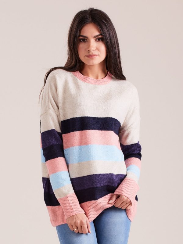 Wholesale Women's sweater with stripes motif beige