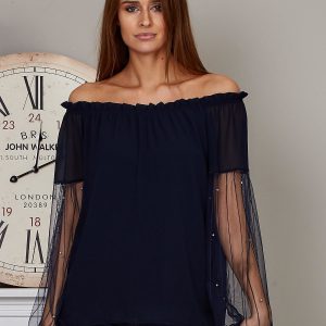 Wholesale Spanish blouse with mesh sleeves navy blue