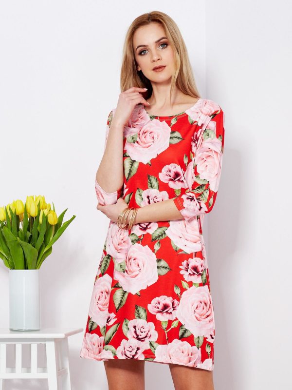 Wholesale Red dress with colorful roses