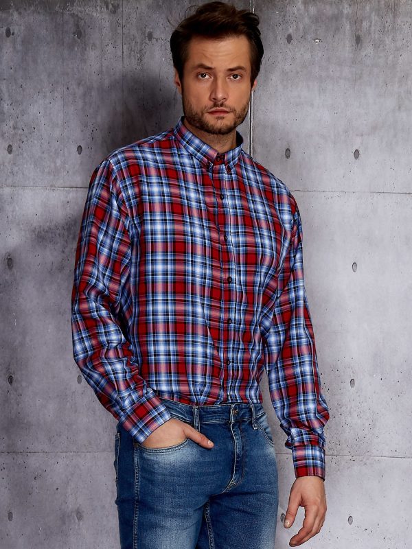 Wholesale Men's blue shirt with red plaid PLUS SIZE