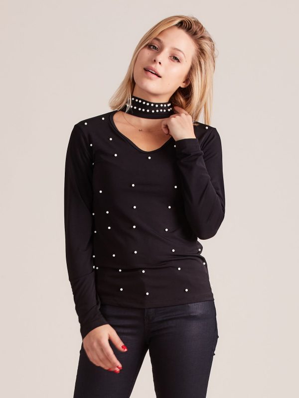 Wholesale Blouse with pearls and choker black