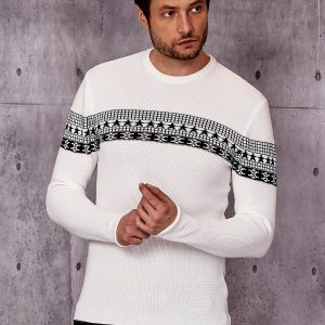 Wholesale White Men's Sweater with Pattern Insert