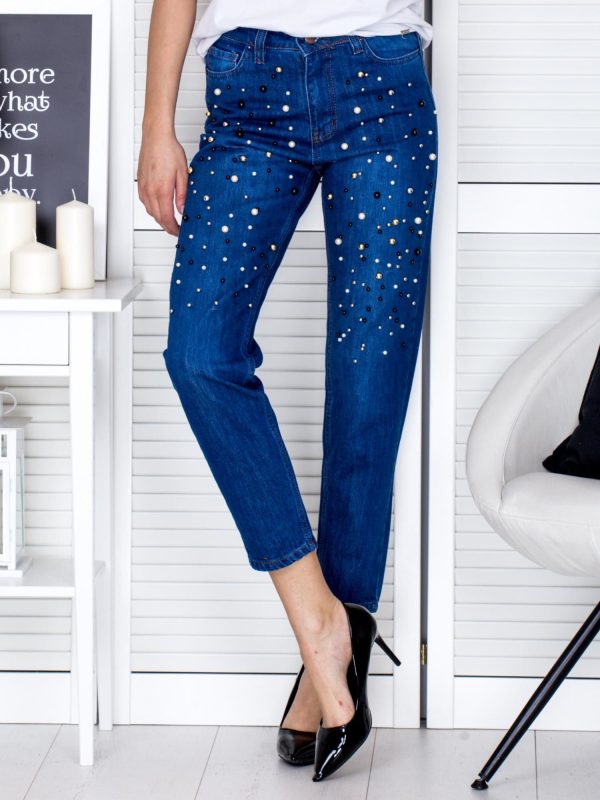 Wholesale Denim pants dark blue with pearls