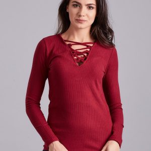 Wholesale Burgundy lace-up striped blouse