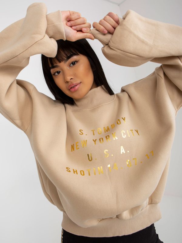 Wholesale Beige sweatshirt with inscriptions and turtleneck