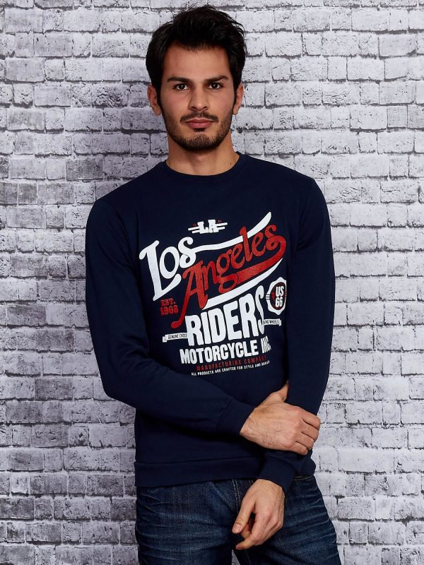 Wholesale Navy blue sweatshirt for men with text print and welts