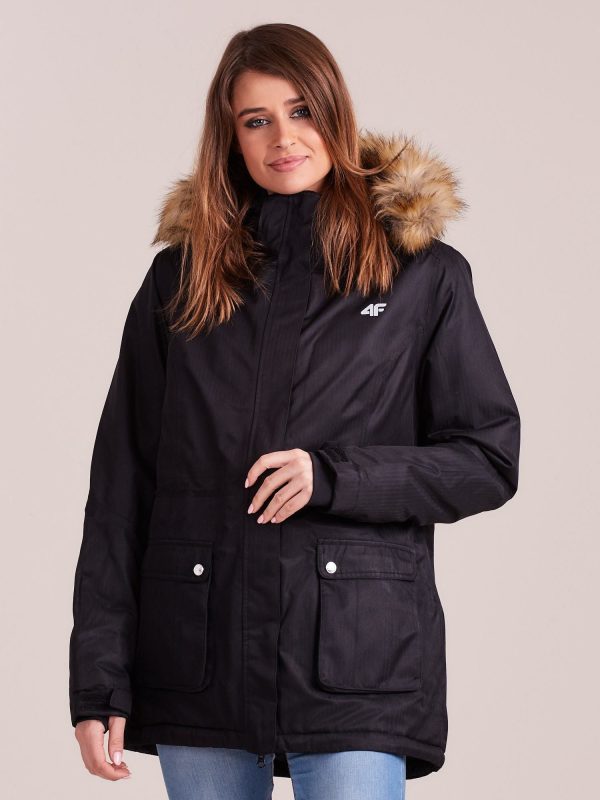 Wholesale 4F Black Ski Jacket with Hood and Fur