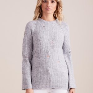 Wholesale Gray loose sweater with lacing and wide sleeves