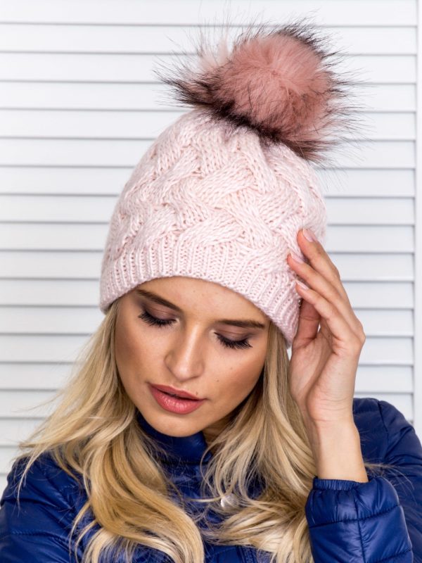 Wholesale Insulated cap with pompom and braided pattern light pink