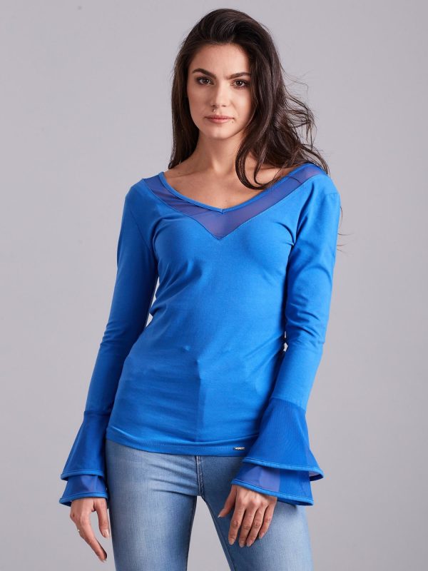 Wholesale Blouse with decorative sleeves blue