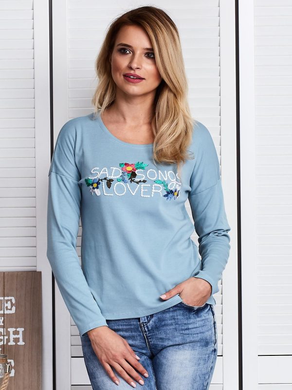 Wholesale Blue blouse with floral embroidery