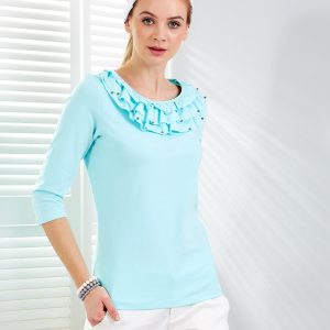 Wholesale Mint blouse with frills at the neckline and pearls