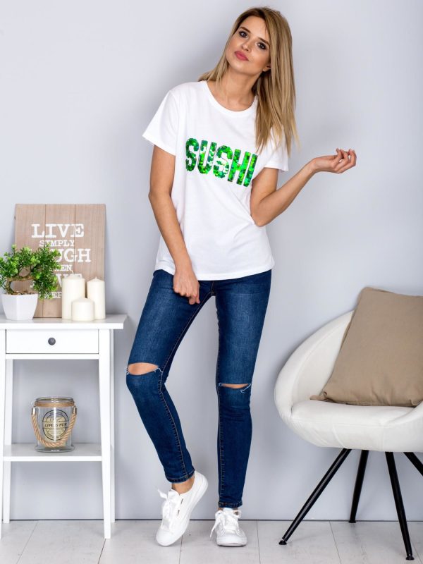 Wholesale Loose t-shirt with sequin inscription SUSHI white