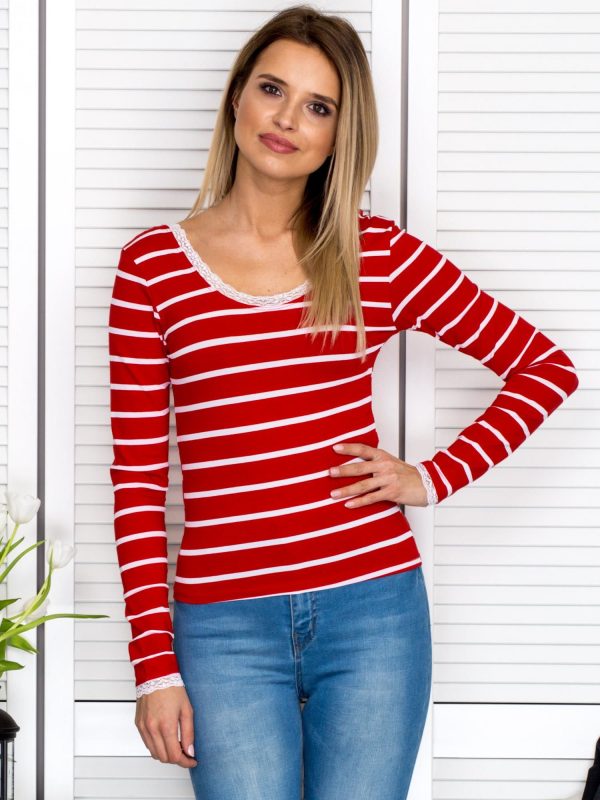 Wholesale Red striped blouse with lace trim