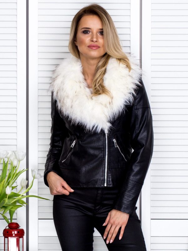 Wholesale Eco leather jacket with ecru fur