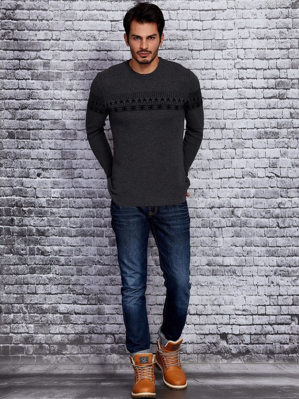 Wholesale Dark Grey Men's Sweater with Pattern Insert