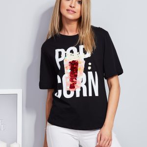 Wholesale Loose Popcorn Print T-Shirt with Sequins Black