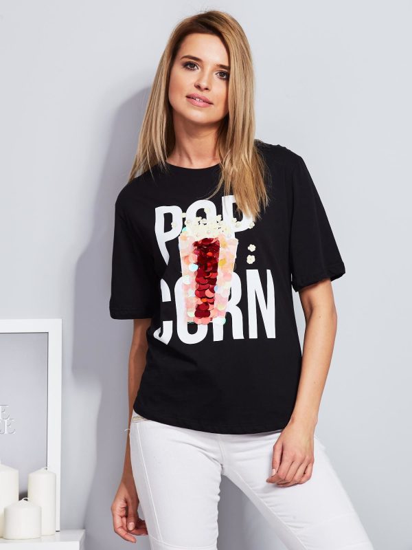 Wholesale Loose Popcorn Print T-Shirt with Sequins Black