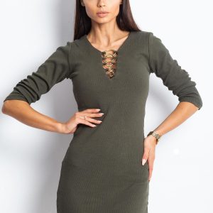 Wholesale Khaki dress with decorative rings at the neckline