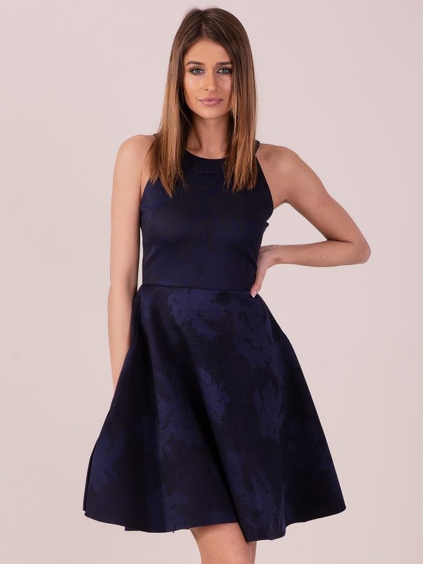 Wholesale Navy blue dress with satin floral pattern