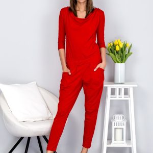 Wholesale Cotton Red Jumpsuit with Boat Neckline