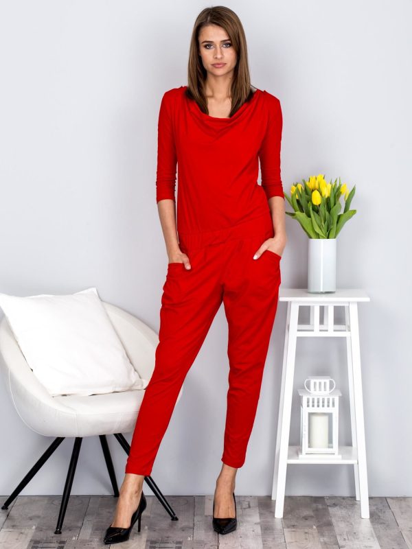 Wholesale Cotton Red Jumpsuit with Boat Neckline