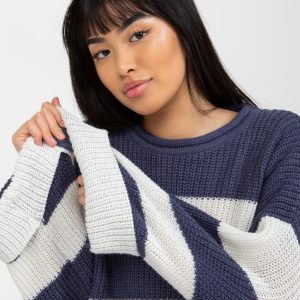 Wholesale Dark Blue-Ecru Women's Oversized Striped Sweater