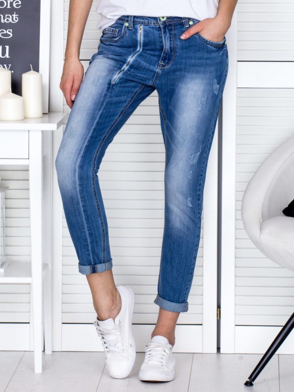 Wholesale Women's Blue Denim Pants with Decorative Zipper