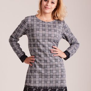 Wholesale Grey and burgundy plaid dress with lace trim