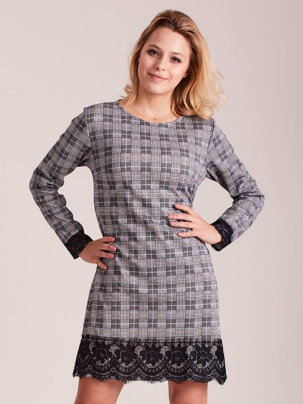 Wholesale Grey and burgundy plaid dress with lace trim