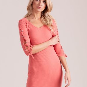 Wholesale Wide stripe dress with sleeves lace up coral