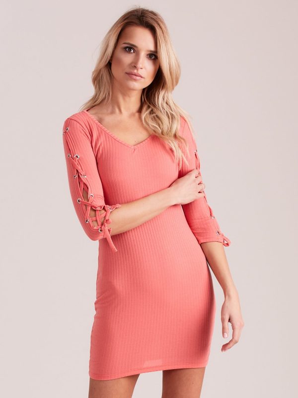 Wholesale Wide stripe dress with sleeves lace up coral