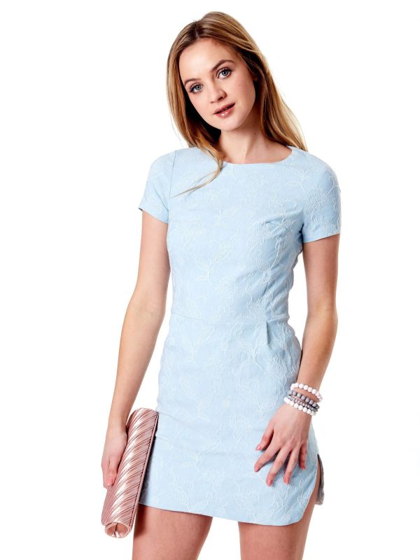 Wholesale Light blue dress with convex floral pattern