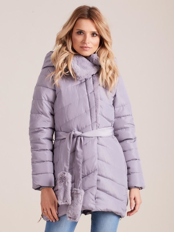 Wholesale Grey quilted winter jacket with fur