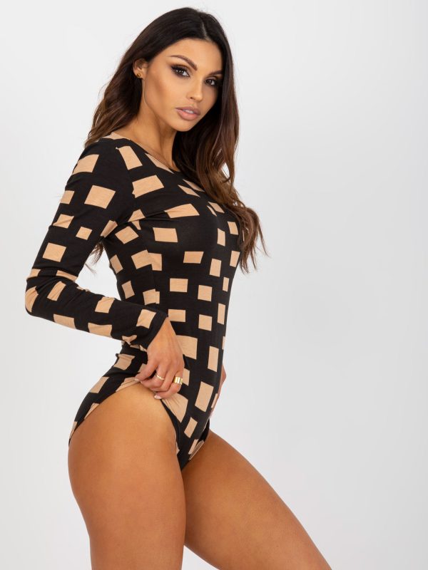 Wholesale Black and Camel Viscose Bodysuit in Geometric Pattern