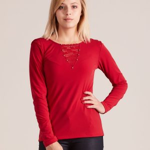 Wholesale Blouse with pearls on the neckline red