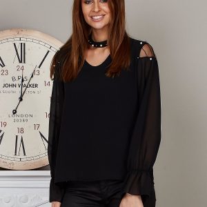 Wholesale Chiffon blouse with choker and pearls black