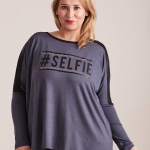 Wholesale Dark grey blouse with plus size lettering and rhinestones