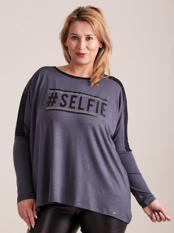 Wholesale Dark grey blouse with plus size lettering and rhinestones