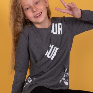 Wholesale Dark gray girl blouse with decorative pockets and sash