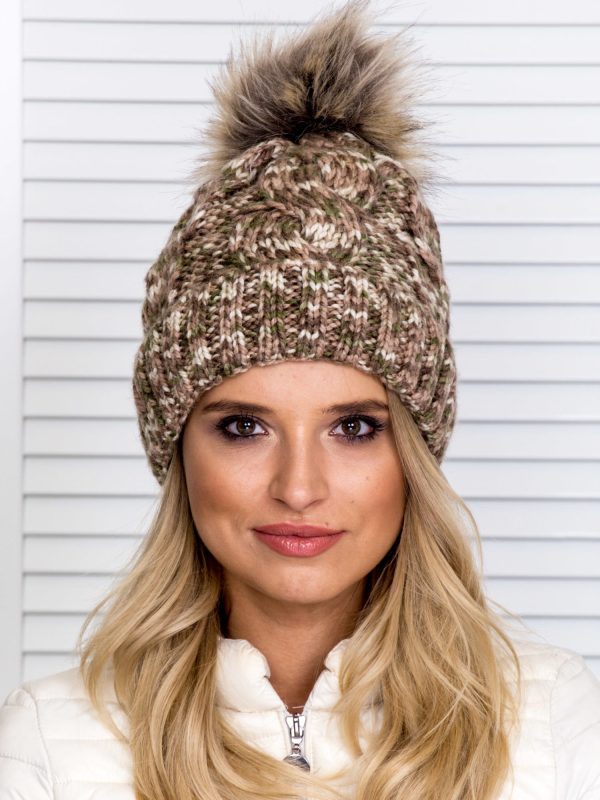 Wholesale Insulated braid hat with pompom brown-green