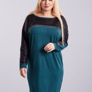 Wholesale Dark turquoise dress with rhinestones and long sleeves PLUS SIZE