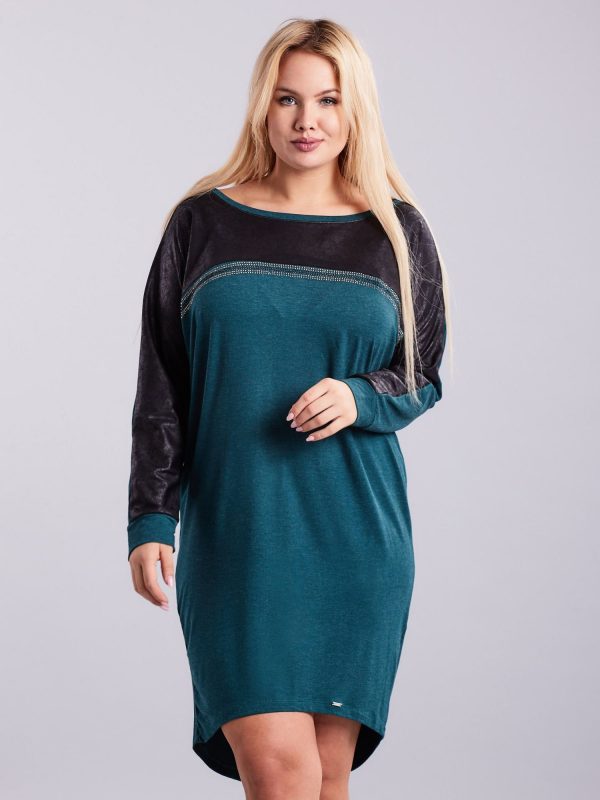 Wholesale Dark turquoise dress with rhinestones and long sleeves PLUS SIZE