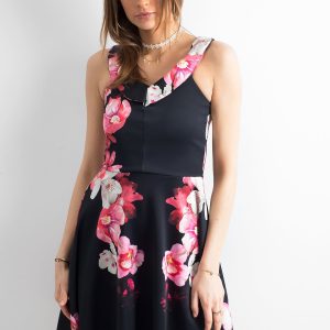 Wholesale Black dress with a collar with flowers