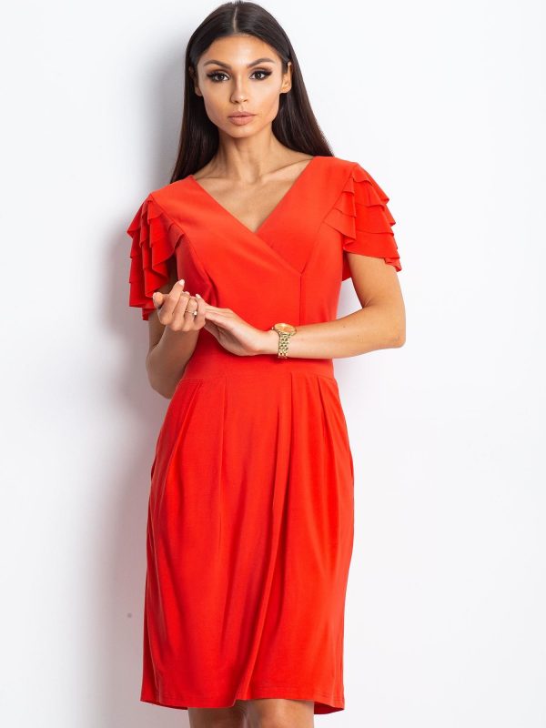 Wholesale Red cocktail dress with flounces on the sleeves