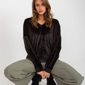 Wholesale Black Velour Hoodless V-Neck Sweatshirt