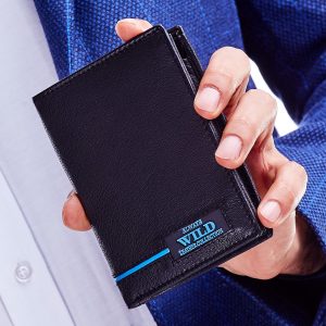 Wholesale Black leather wallet for man with blue emblem