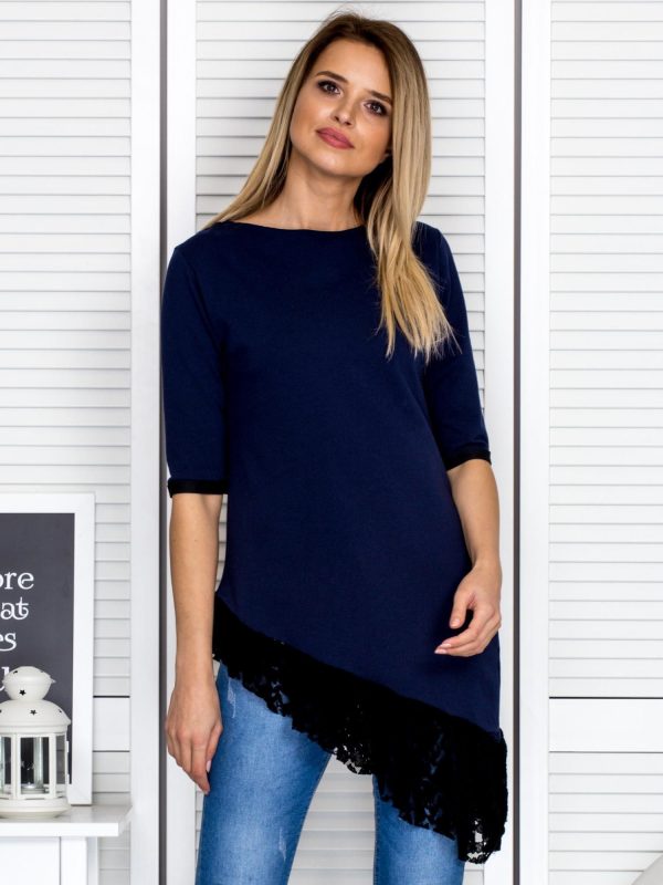 Wholesale Navy blue tunic with asymmetrical lace trim